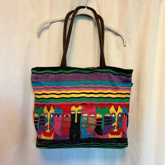 Laurel Burch multicolored Cats & Stripe Canvas Shoulder Tote Bag - Picture 1 of 10
